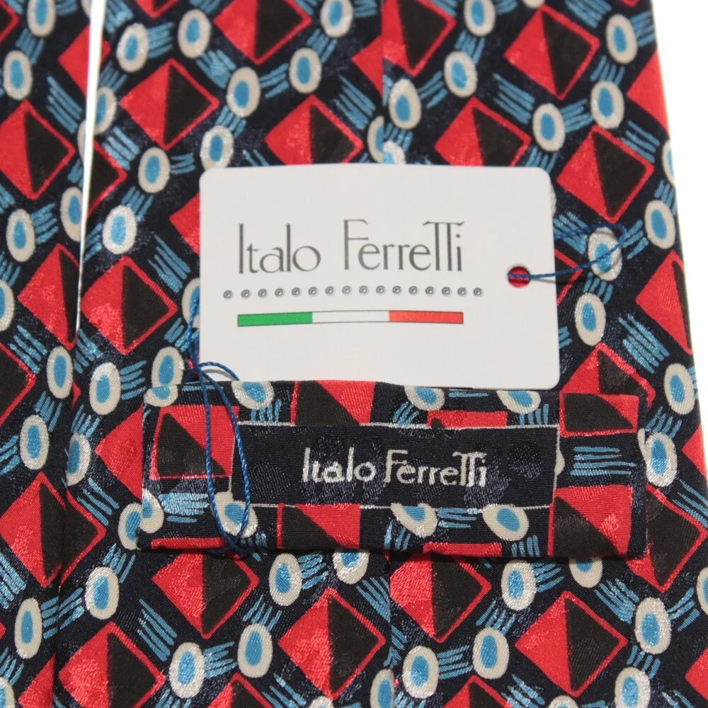 Italo Ferretti NWT Neck Tie in Red / Blue / Black Geometric Print 100% Silk